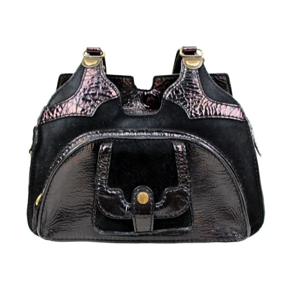 BICA CHEIA BLACK CRINKLED GENUINE LEATHER SUEDE TOTE SHOULDER BAG HANDBAG PURSE